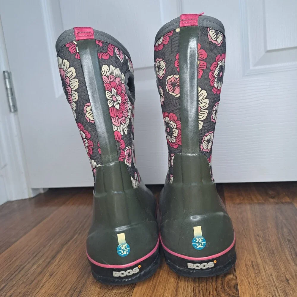 Bogs Girls Gray Pink Floral Winter Boots Size 5